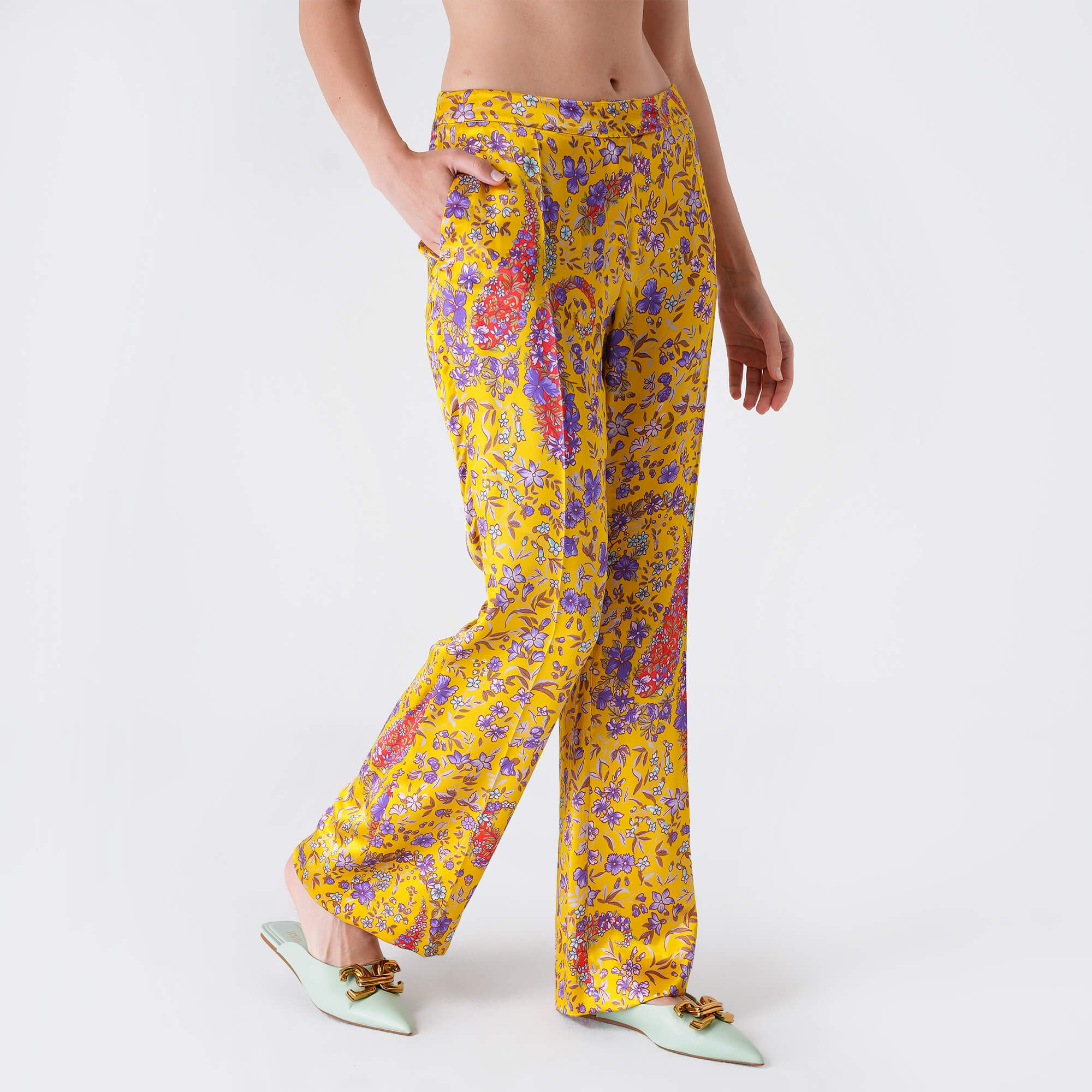 Etro - Yellow&Lilac Floral Print Viscose Flare High Waist Pants